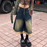 Vintage Large-Size Water Wash To Make Old Lace Splicing Denim Seven-Point Trousers Female Street Hottie Loose Legs Pants Tide 68HZ