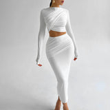 Women's Clothing 2025 Autumn And Winter 2025 New Round-Neck Long Sleeves Bare Umbilical Top Dress Dress Suit Women