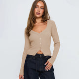 Women's Clothing 2025 Autumn And Winter Explosion V-Neck Long-Sleeved Ribnecked Cardigan Commuting Exquisite Women's Clothing Top