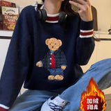 Korean Version Of The Plus Velvet Bear Sweater Y2k College Hoodie T-Shirt Loose Lazy Knitted Jersey Autumn And Winter New 68HZ