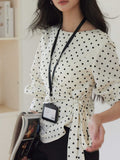 New Retro Temperament Wave Dot Round Neck Long-Sleeved Top Woman Irregularly Tied Belt Waist Shirt