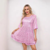 New Burst Fashion Solid Color Loose Waist Short-Sleeved Skirt Dress Banquet Squin Dress