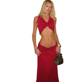 Women's Clothing 2025 Spring And Summer New Sexy Umbilical Folded Neck Top Fashion Temperament Skirt Dress Suit Woman