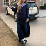 Embroidery Stitching Scissors Jeans Women's Summer Design Sense Of Loose Retro High-Waist Broad-Legged Seven-Point Pants 68HZ
