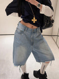 Vintage Hot Diamond Full Of Star-Scrying Denim Five-Point Trousers Women's Summer Niche Design Wide-Legged Trousers 68HZ