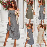 Dili Independent Research And Development Design Printing Dress 2025 Summer Shoulder Casual A-Shaped Dress Bubble Sleeve