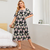 Spring And Summer Plus Code Lady Home Dress Skirt Short-Sleeved Lace Splicing Four-Sided Bullet Print Home Pajamas Woman