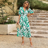 Dili Design Dress 2025 Summer Temperament To Close The Waist Deep V Collar Print Long Dress