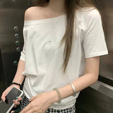 INS New Word Shoulder-To-Shoulder Solid Color T-Shirt Girl Y2k Hottie Lazy Wind Loose Casual Top 68HZ