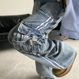 Vintage Design Side Striped Jeans Women Spring And Autumn Loose High-Waisted Hottie Multi-Pocket Workwear Long Pants 68HZ