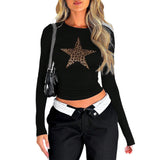 Dili 2025 Spring/Summer Women's Digital Print Star Y2K Sexy Lavel Long Sleeve T-Shirt