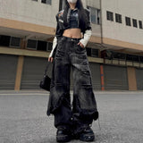 High Street Hole-Breaking Two Pieces Of Old Work Clothes Jeans Women Hiphop Street Retro Broad Leg Pants Trend 68HZ