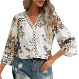New Tat Lace Wind V Collar Bat Sleeve Print Casual T-Shirt Blouse Chiffon