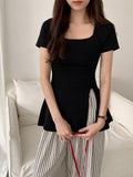 French Cotton Black Short-Sleeved T-Shirt Summer New Unique And Beautiful Waist Open Fork Thin Top Lady