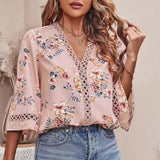 New Tat Lace Wind V Collar Bat Sleeve Print Casual T-Shirt Blouse Chiffon