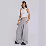 Vintage Gray Trousers Women High-Waisted Loose Thin Haired Side Drag Flooring Casual Pants 68HZ
