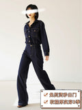 Free Ironing Drop Soft TR Denim Retro High-Waist Broad Leg Bright Line Denim Shirt Loose Set