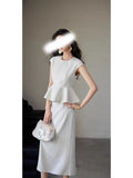 Spring And Summer New Woven Material Hepburn Wind Waist Umbrella-Shaped Top High-Rise Skirt Set