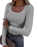 2025 Thread Pit Strips Long Long-Sleeved Square Collar T-Shirt Elegant Short Sleeves