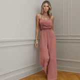 New Commuting Style Solid Fashion Tight Waist Wide Legs Slings Jump-Joint Pants