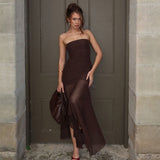 Spring 2025 New Fashion Women's Sexy Breastless Sleeveless Wrinkles Body Splicing Mesh Mesh Dress