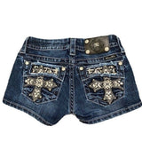 Embroidery Denim Shorts Female Y2k Harajuku Retro Cross Pocket Embroidery Low-Waisted Hot Pants 68HZ