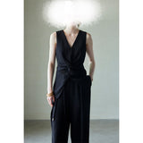 Beauty Wrinkled Vest Backs Thin Three-Dimensional Kinesi V Collar Sleeveless Coat Broad Leg Pants Women Summer Suit