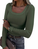 2026 New Burst Threaded Pit Strips Long-Sleeved Sexy U-Neck Casual Women's T-Shirt