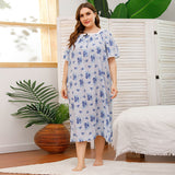 Spring And Summer Plus Code Lady Home Dress Skirt Short-Sleeved Lace Splicing Four-Sided Bullet Print Home Pajamas Woman