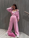 New 2025 Fashion Women's Long-Sleeved Collar Zipper Open-Fleet Tweed Trousers 68HZ