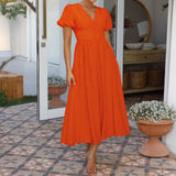 Dili 2025 Spring/Summer Leisure Commuting Holiday Wind V. Collar High-Waist Short-Sleeved Open-Fork Dress Woman
