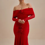 Autumn 2025 New Women's Fashion Temperament Solid Color Folds Long Sleeves Shoulder Dress