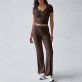 Dili 2025 Spring/Summer Women's Y2K Sports Casual Style U-Neck T-Shirt Trousers Knitted Two-Piece Set