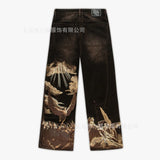Heavy Industry Flower Embroidered Jeans Men And Women's Y2k High Street Fashion Street Straight Trousers 68HZ