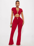 Summer Sexy Hot Babes Low-Breasted V-Neck Short-Sleeved T-Shirt Blouse Hardware Clad Hip Trouser Suit Woman