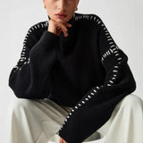Crash Color Splicing Jumper Female Chic Black Sweater In Autumn And Winter Outside Wearing Round Knitted Sweater Tide 68HZ