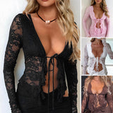 Dili 2025 Spring/Summer Y2K Sexy Hollow See-Through Cardigan With Lace Long-Sleeved Top Women's Clothing