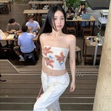 2025 Summer New Women's Street Fashion Flowers Print Sexy Open-Umbilly Wrapped Breasts 68HZ