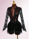 New Fashion Temperament Long-Sleeved Lace Spliced Solid Color Folds Deep V Bag Hip Skirt Dress Dress Woman