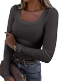 2025 Thread Pit Strips Long Long-Sleeved Square Collar T-Shirt Elegant Short Sleeves