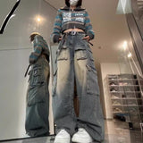 Multi-Pocket Design High Street Workwear Jeans Women Y2k Water Wash Old Loose Broad Leg Pants 68HZ