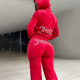 Women's Casual Sports Suit Solid Letter Drill Sportswear Long-Sleeved Hooded Loose Trousers Two-Set 68HZ