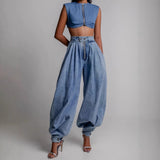Blue Zipper Jeans Women's Loose Casual Retro Balloon Pants High Waist Bouquet Lantern Pants 68HZ