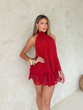 New Solid-Color Holiday Body Sexy Bare Back Hanging Waist Coat Pony Skirt Dress Dress Woman