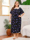 Spring And Summer Plus Code Lady Home Dress Skirt Short-Sleeved Lace Splicing Four-Sided Bullet Print Home Pajamas Woman