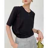 Spring And Summer T-Shirt Tiansi Roman Middle Sleeve Women's Short-Sleeved Design Sense Half-Sleeved Collar Top Free Of Ironing Five-Sleeve