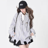 Black V-Neck Long-Sleeved Knit Coat Y2k Autumn/Winter Languid Leprosy Sweater Irregular Zipper Opener 68HZ
