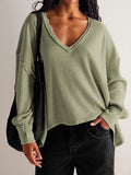 V-Necked Fashion Casual Waffling Shoulder Sleeves Sweater Movement Languid Autumn And Winter Top