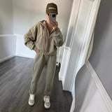 Casual Ladies Set Solid Long Sleeve Zipper Hoodie Tight Trousers Two-Piece Set 68HZ