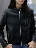 Right Shoulder PU Leather Zip Locomotive Leather Women Autumn Short Retro Collar Jacket Autumn Cool And Very Good